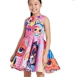 Mad Engine LOL Surprise Pink AOP Cartoon Pleated Sleeveless Fit & Flare Dress XL